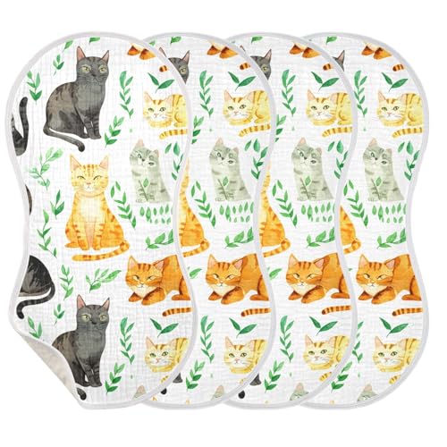 4 Pack Baby Burp Cloths, Soft Absorbent Burping Cloths for Babies, Cotton Milk Spit Up Rags, Large Size for Newborns, Baby Boys and Girls (Colorful Cat Poses)3