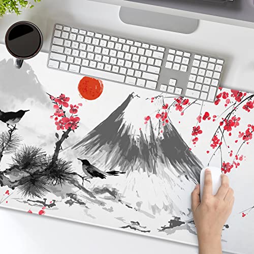 Image of Japanese Mouse Pad 35.4 X 15.7 Inch XXL Art Watercolor Sakura Cherry Blossom Birds Pink Full Desk Mousepad Extended Large Non-Slip Rubber Base Keyboard Mat with Stitched Edges for Gaming Office