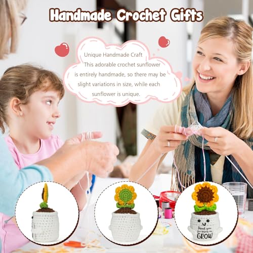 Image of BendJoy Crochet Sunflower Pot with Thank You Card for Women | 7 Petals Crochet Flower for Home, Office Desk & Car Dashboard Decor