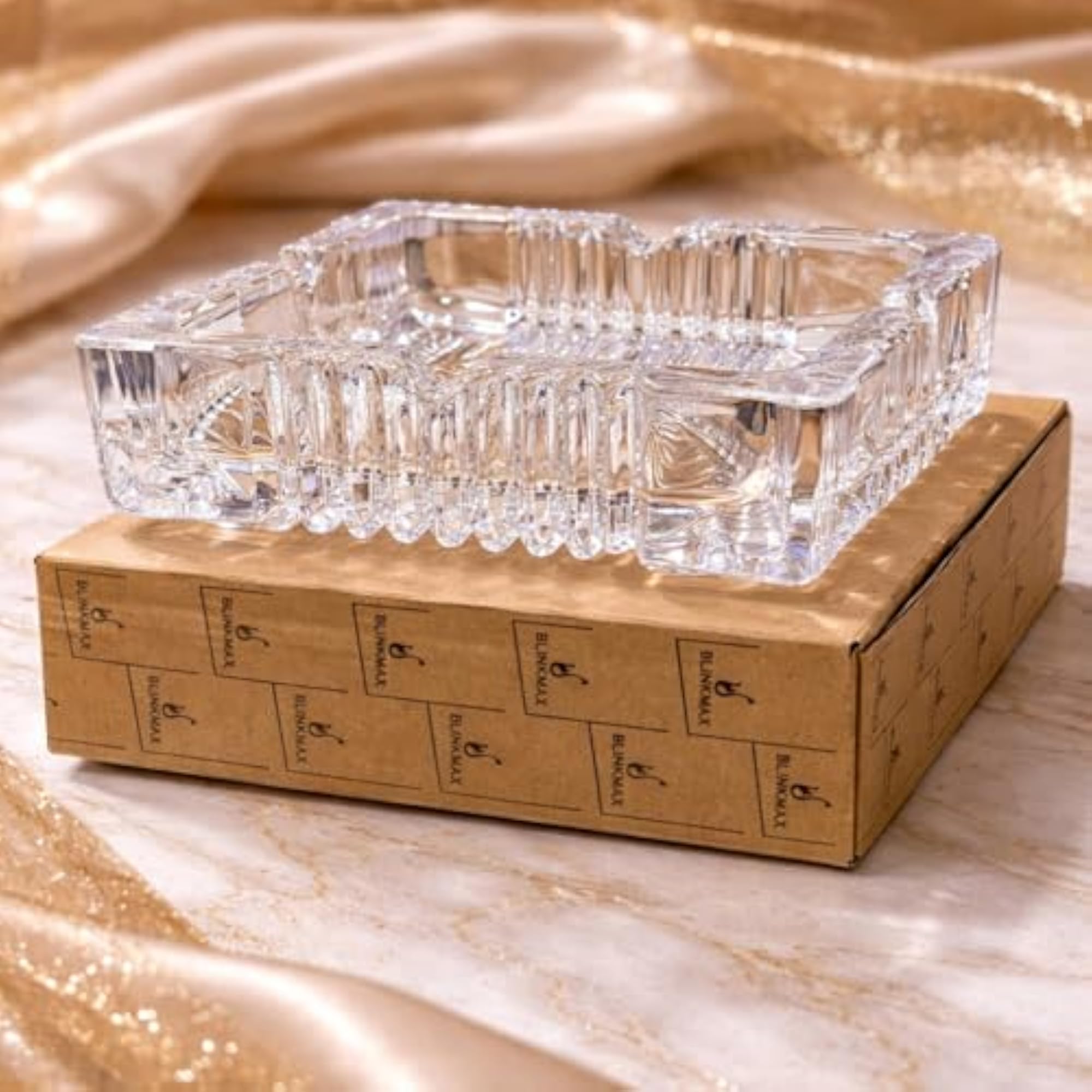 Premium Crystal Glass Ashtray, Square Shape, Decorative Cut Design