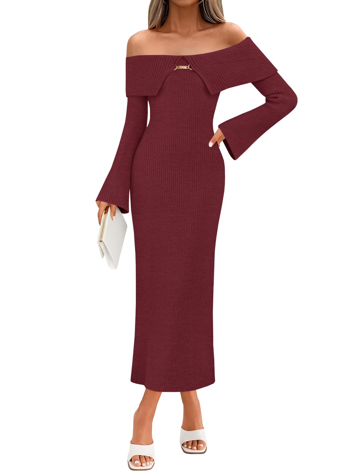 Saodimallsu Womens Off The Shoulder Maxi Sweater Dress Long Sleeve Bodycon Elegant Ribbed Knit Fall Midi Dresses