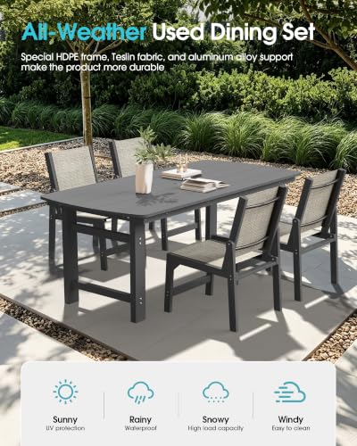 Image of Ciokea HDPE Outdoor Dining Set, Patio Table and 4 Stackable Chairs, Grey | All-Weather Furniture Set with 2 inch Umbrella Hole and Armless Chair. Breathable Teslin Fabric Suitable for Outdoor Leisure.