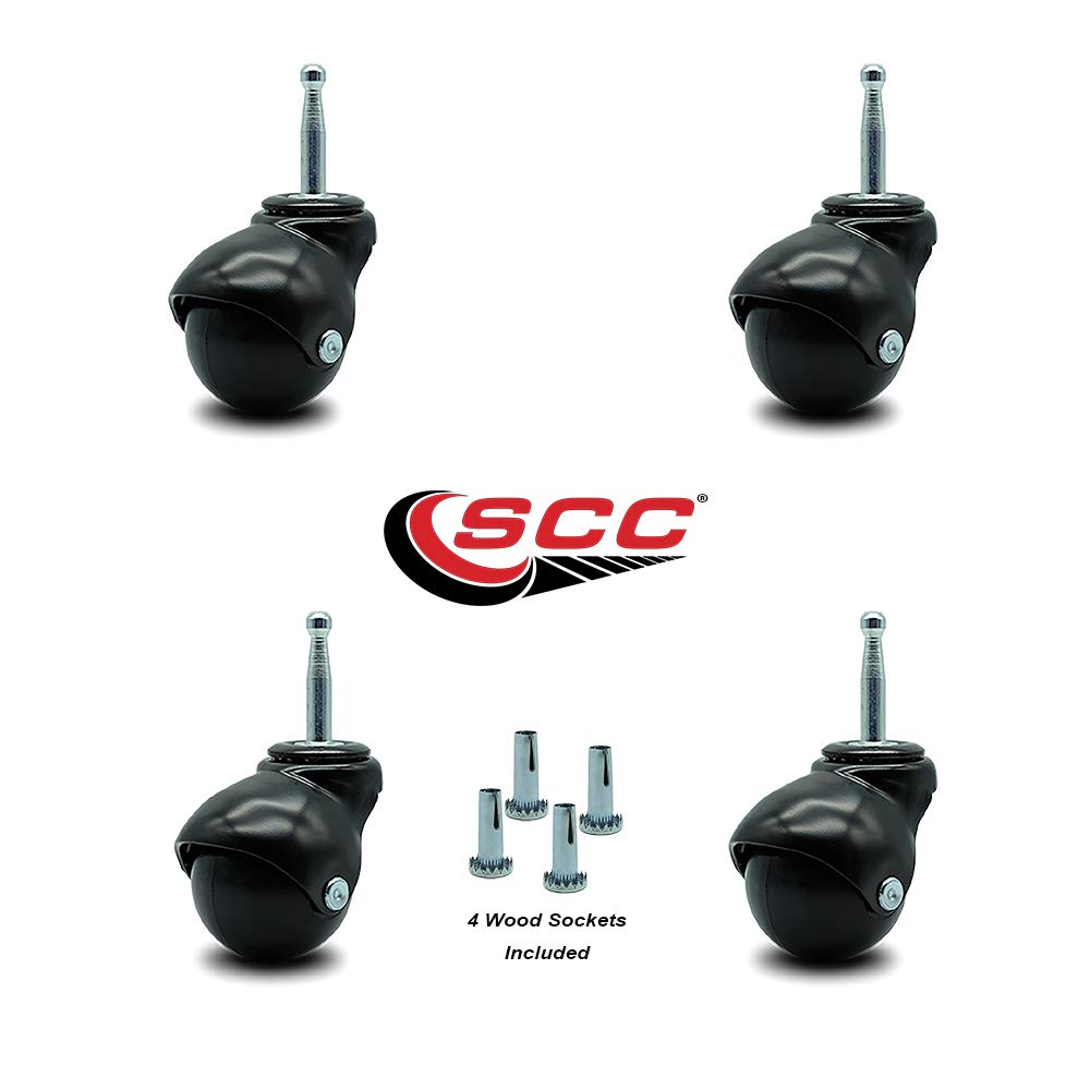 2 Inch Swivel Ball Caster Wheels for Furniture - Gloss Black Hooded Stem Casters with 5/16 Grip Neck Stem - 300 lbs. Total Capacity - Sockets Included - Set of 4 - Service Caster Brand