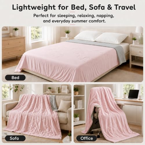 LaffyLo Cooling Blanket for Hot Sleepers, Lightweight Summer Quilt with Breathable Reversible Fabric for Bed, Couch, Dorm and Travel, Machine Washable, Queen Size 90"x90", Ice Pink & Light Grey - image 3