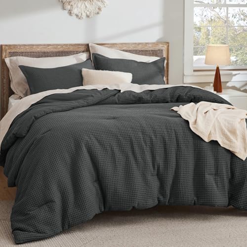 Image of Bedsure Waffle Comforter Set Queen, Charcoal Soft Bedding, Waffle Weave Bed Set, 3 Pieces, 1 Comforter (90 inchx90 inch) and 2 Pillow Shams, Cotton Shell and Polyester Lining for All Seasons