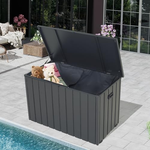 SHPAI Outdoor Storage Box, 200 Gallon Metal Deck Box Built-in a Oxford Fabric Storage Bag, Lockable & Waterproof Outside Patio Storage Box for Cushions, Pillows, Tools, Pool Floats- Grey
