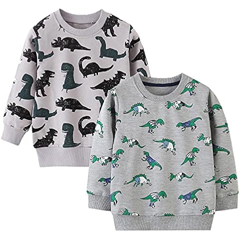 LeeXiang Toddlers Baby Boys' Crewneck Sweatshirt Kids Long Sleeve Cotton Pullover T-Shirt (Grey & Green Dinosaurs, 6-7Years) Cover