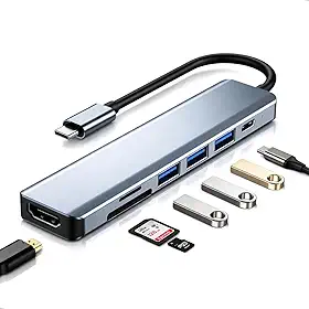 Adaptador Hub USB 7 em 1 Premium com Saída HDMI 4K a 60Hz, USB-C, 7 Portas, USB 3.0, Leitor de Cartão SD, Fonte de Alimentação Tipo C, Carregamento Rápido Multiportas