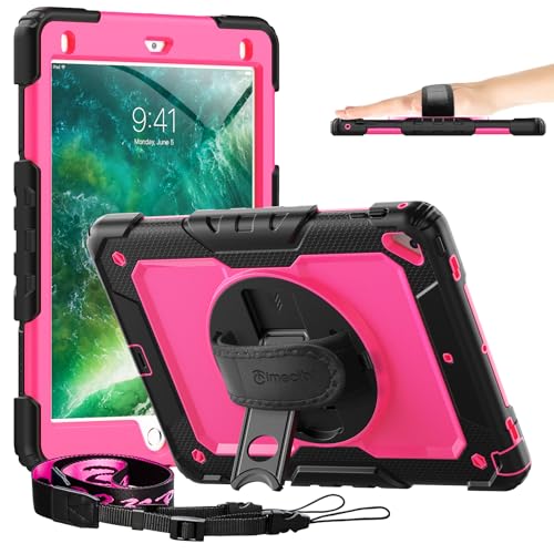 Timecity iPad Air2/第6世代/第5世代&iPad Pro 9.7用ケース - スクリーンプロテクター ペンシルホルダー 回転スタンド/ストラップ - フルボディシリコン+ポリカーボネート保護ケース - ローズ