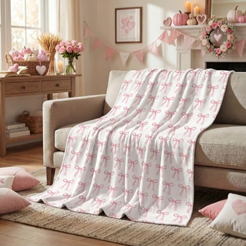 Horaldaily Bow Flannel Blanket Throw Pink Bow Soft Fuzzy Plush Cozy Fleece Blankets for Couch Sofa Bed Lounging Ideal Gifts for Women Mom Teacher Nurse Coworkers 50x60