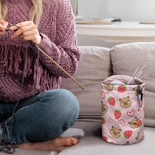 Image of Sellikakes Capybara Strawberry Yarn Bag Crochet Knitting Bag, Knitting Yarn Holder Crochet Storage Bag Store Crocheting Project Sewing Supplies Skein Ball Knitting Short Needles