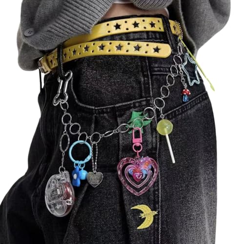 GreatRise Elegante cadena de acero inoxidable para pantalones punk con llavero multicolor, colgante vintage, cadena de hip hop, cadena para vaqueros, cadena Y2k para hombres y mujeres, pantalones