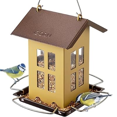 iBorn Bird Feeder House, Metal Bird Feeders for Outdoors Hanging,Double-Sided Metal Hanger & Weatherproof, Easy to Clean & Refill, 1.5 Lbs Capacity, Muted Yellow