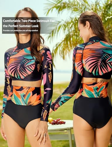 FEOYA Two Piece Bathing Suit for Women Long Sleeve Crop Top with Swim Bottom Lace Up Rash Guard Swimsuit S-XL2