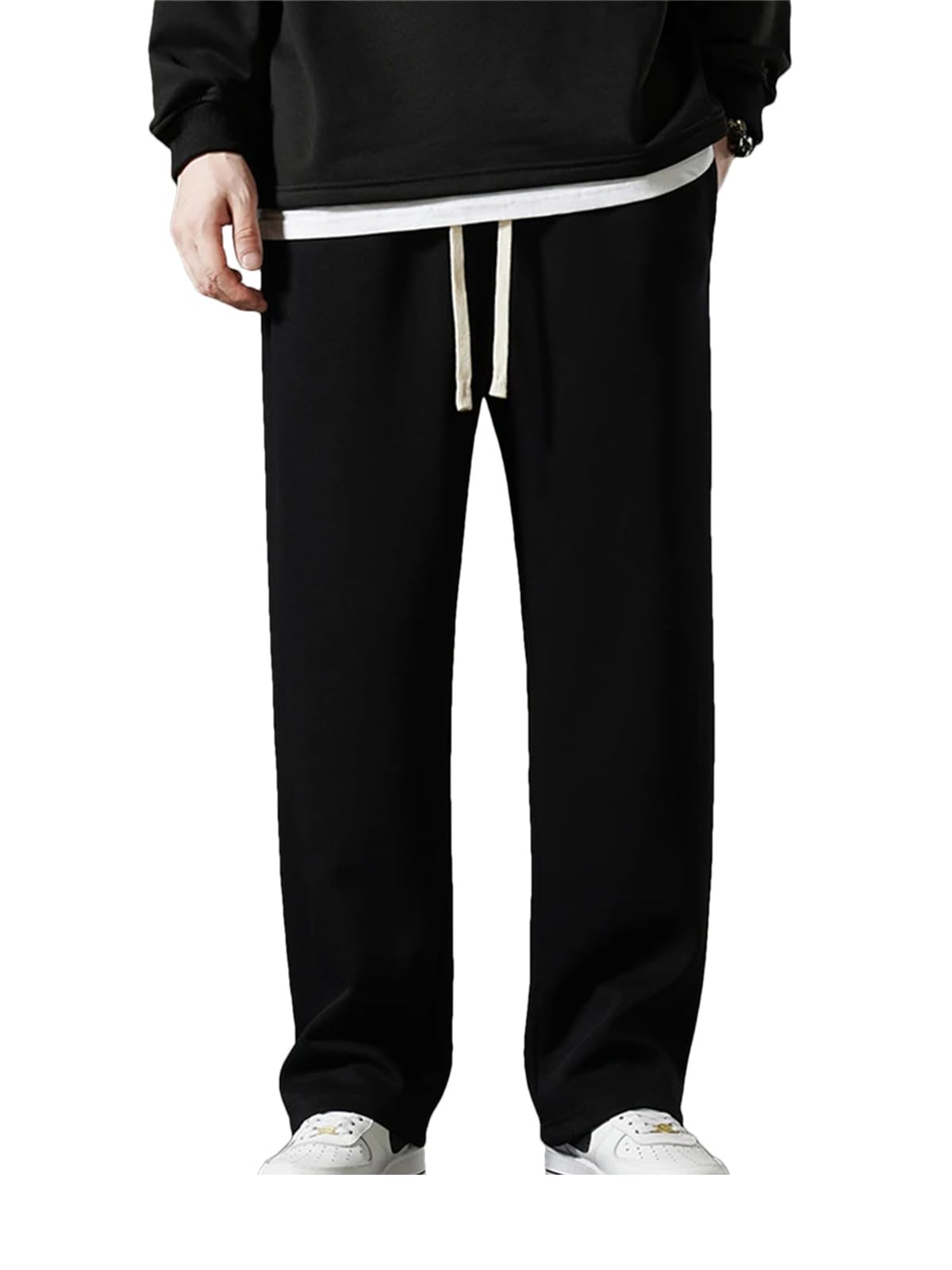 Dcvmvmn Men Spring Sweatpants Fashion Drawstring Wide Leg Straight Track Pants Cotton Casual Loose Trousers Black