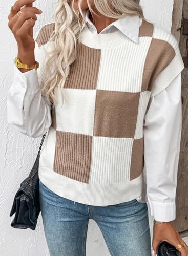 EVALESS Short Sleeve Sweater for Women Crewneck Color Block Knit Tops 2025 Fall Trendy Cap Sleeve Sweater Vest4