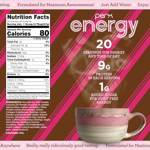 Image of Perk Energy Drink Mix (Mint Chocolate Truffle) 20 Servings, Gluten-Free | Caffeinated Healthy Coffee Alternative with Protein, 100mg of Caffeine, Soy-Free, Peanut-Free