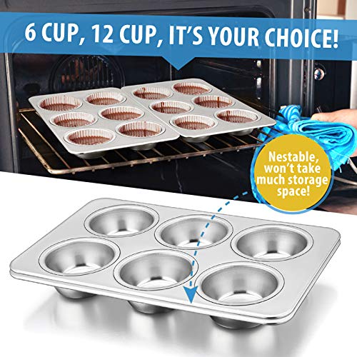 E-far Muffin Pan Set of 2, Stainless Steel Muffin Pan Tin for Baking, 6-Cup Metal Cupcake Pan Tray, Non-toxic & Healthy, Oven & Dishwasher Safe, Regular Size - 11.44 x 7.12 x 1.25 inch - Image 6