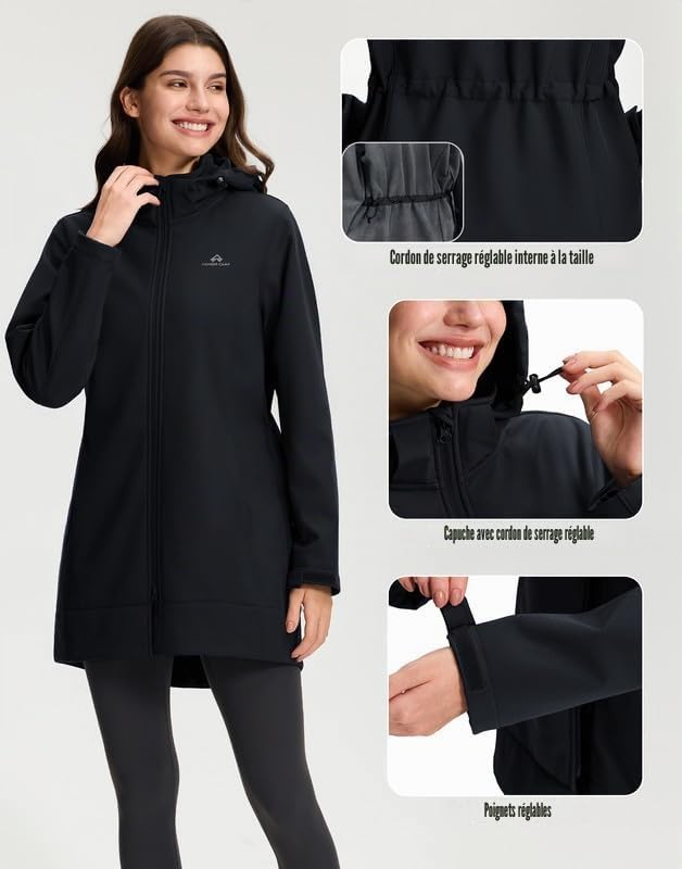 Pioneer Camp Softshell femme longue - vestes de randonnée softshell avec capuche - Imperméable et coupe-vent - Taille réglable - Parka de pluie avec fermeture éclair - Poches pour la randonnée