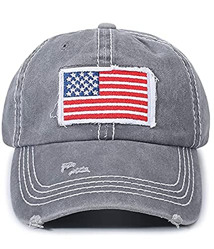 Image of IZUS Ponytail-Baseball-Hats for Womens Distressed-American-Flag-Embroidered-Caps Washed-Cotton Trucker Dad-Hat for Adult