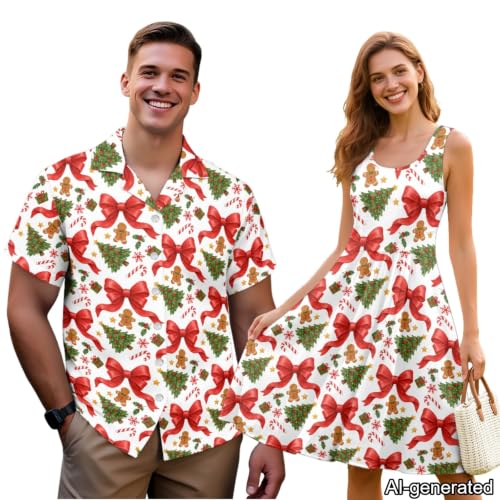 Image of Dreaweet Summer Dresses for Women A-Line Sleeveless Flowy Sun Dresses,Men's Casual Button-Down Shirts,Couple Matching Outfits