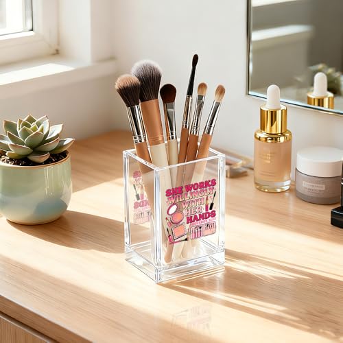 Image of She Works Willingly With Her Hand Acrylic Cosmetic Holder, Inspirational Makeup Brush Holder Gifts, Christian Bible Verses Gifts for Cosmetologist, Bathroom Vanity Storage for Makeup Brushes