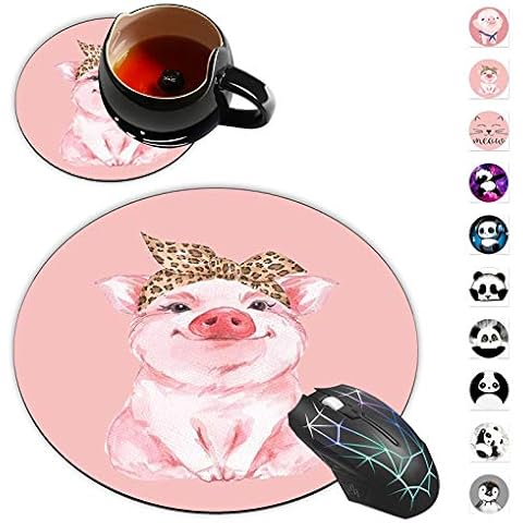 Round Mouse Pad and Coaster Set, Pig Cute Piggy Wearing Leopard Bandanna Mousepad, Non-Slip Rubber Base Gaming Mouse Pads for Working Or Game Cover