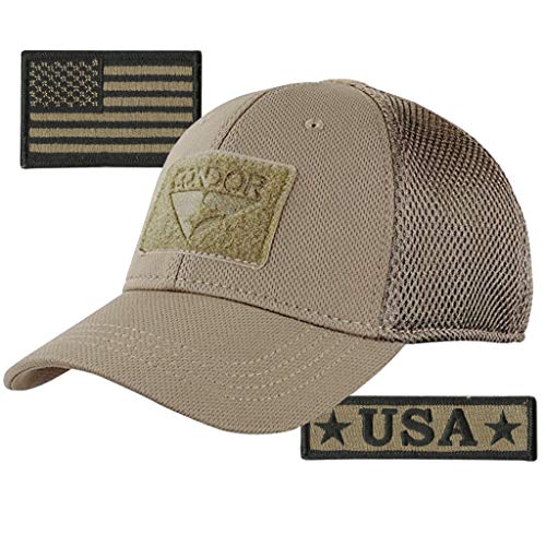 Condor MESH Fitted Tactical Cap Bundle - U.S.A. & USA Flag Patch - Choose Size