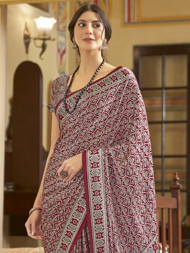 Image of SAREE MALL Women's Ajrkh Print Satin Crepe Polka Dot Printed Saree With Unstitched Blouse Piece