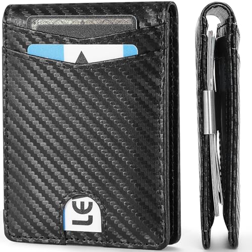 Slim Wallet for Men Leather Money Clip Mens Wallet RFID Blocking Front Pocket Bifold Carbon Fiber Credit Card Holder Minimalist Mens with Gift Box