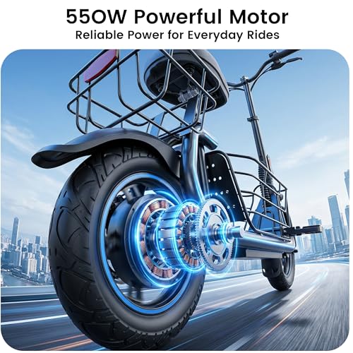 Image of AWWSCOOTER Foldable Electric Scooter for Adults with Seat, Commuter E-Scooter with Dual Storage Baskets for Groceries and Pets
