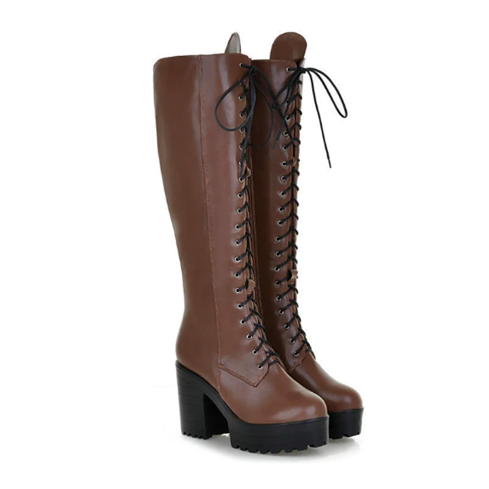 Womens Knee High Victorian Platform Boots PU Lace-up Round Toe Chunky High Heels Elegant Thigh Boots for Parties
