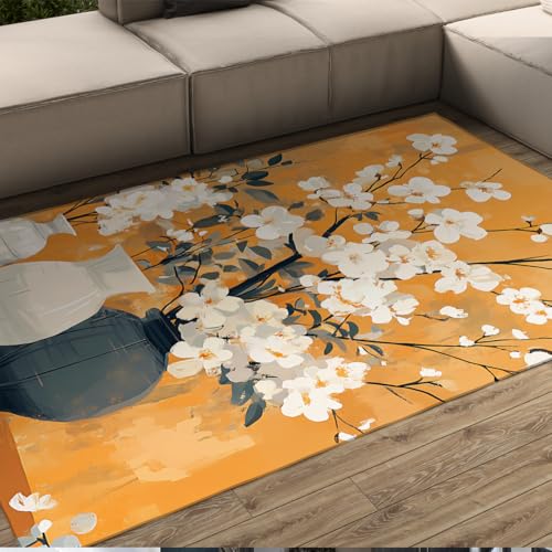 Tapis de salon vase en fleurs blanches 160x200cm lavable et durable
