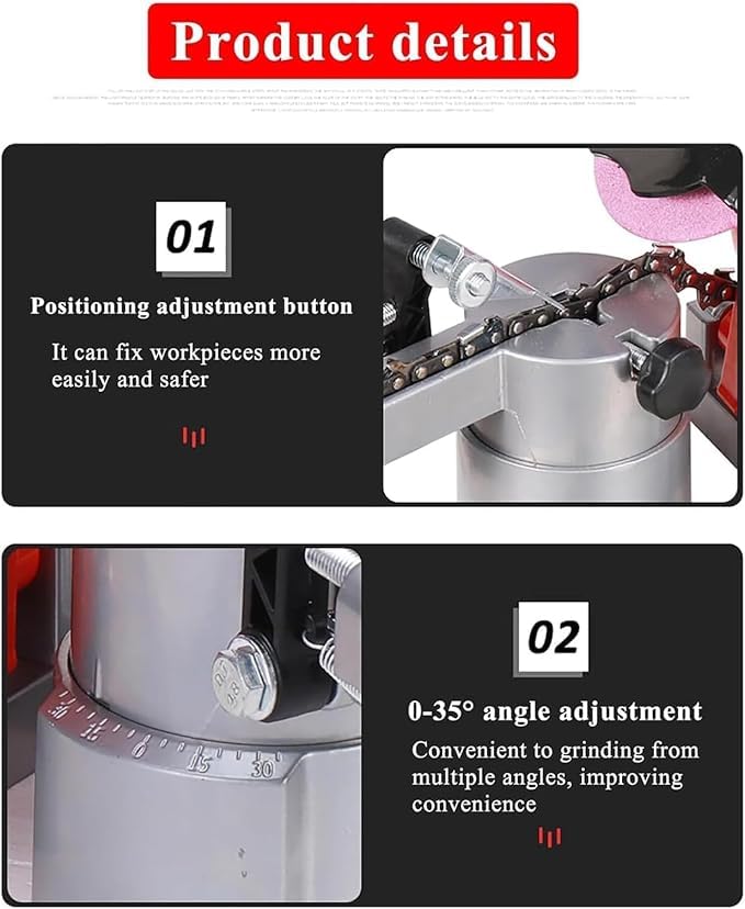 Afilador de motosierra eléctrico, ángulo ajustable de 0 a 35°, mantenimiento rápido de la cadena y herramienta de afilado de precisión para bricolaje y uso profesional