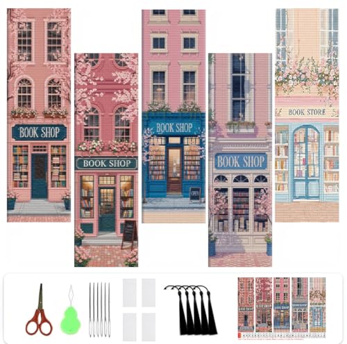 CreateJoy 5 PCS Book Shop Cross Stitch Bookmark Kits - Bookstore Counted Cross Stitch Kits for Beginners Adults 14CT DIY Pattern Stamped Embroidery Bookmarks with Instructions Hand Embroidery Craft