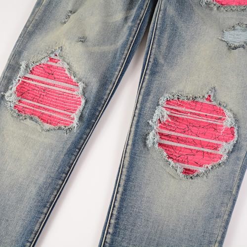 Mens Pink Knee Patchwork Ripped Jeans Skinny Pants Stretch Slim Fit Distressed Trousers2