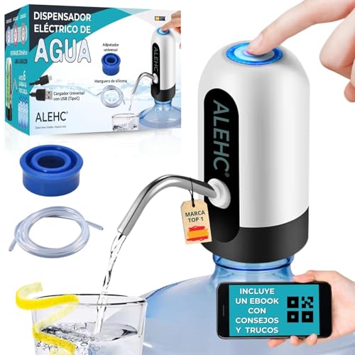 ALEHC® Dispensador de Agua para Garrafas con Adaptador y Manguera - Recargable USB Tipo C - Compatible 2L-20L - Portátil para Camping, Hogar, Oficina - Silicona Alimentaria, Sin BPA