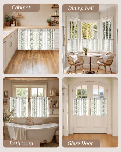 Image of Miss Adola Boho Kitchen Curtains - 24 Inch Length Linen Blend Green Floral Cafe Curtains Farmhouse Tier Curtain Short Drapes Rod Pocket for Bathroom Living Room Windows Light Filtering, 2 Panels