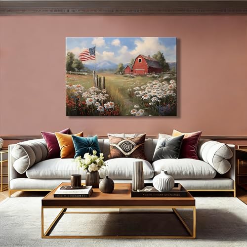 Image of Made in USA Patriotic Red Barn American Flag Wall Art, 4th of July Farm Canvas Prints for Living Room, Rustic Wildflower Framed Artwork for Home Wall Decor, Independence Day Decor