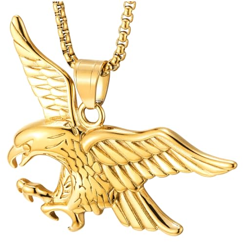 COOLSTEELANDBEYOND Men’s Gold Eagle Pendant Necklace, Stainless Steel Flying Hawk Bird Design, Statement Chain Jewelry