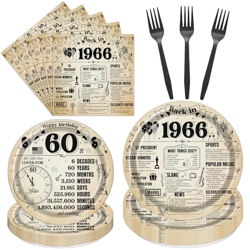 Hokinaa 96 Pcs 60th Birthday Party Plates - Vintage Newspaper Back in 1966 Paper Decorations Napkins Forks Tableware Disposable Cheers to 60 Year Old Decor Supplies for Men Women Serves 24 Guests