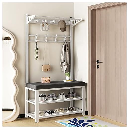 Perchero con Zapatero Blanco, Perchero de Pie metálico con 9 Ganchos Varilla y Banco para Pasillo, Carga Máxima 120kg, para Colgar Ropa Bolsas, Moderno 100x33x170cm