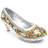 shoeworld New Girls Court Shoes Kids Heels Party Princess Diamante Children's Sandals (10 UK Child, Silver)