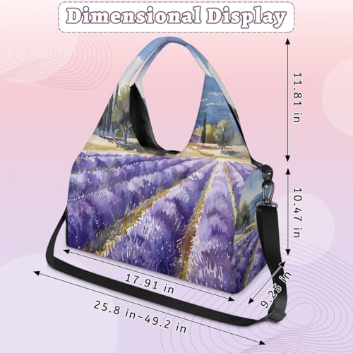 Yoga Bag for Women，Waterproof Polyester Gym Bag Detachable Strap,Shoe Pocket，Double Zipper,Landscape Lavender Duffel Bags2