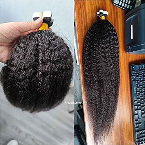 Tape in Human Hair Extension Kinky Straight Brazilian Remy Hair Tapes on Coarse Italian Yaki Skin Weft Tape Human Hair Extension 40pcs 100g (14nch 40pieces, #Natural Black)
