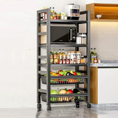 Carrello da Cucina con Ruote, Carrello per microonde con Contenitore - Scaffale da Cucina, Ripiani e Ripiani Regolabili, Ripiani in Metallo robusti con Ruote, Carrello per Frutta e Verdura