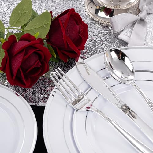 Image of I00000 200 Pcs Silver Plastic Plates - Silver Disposable Party Plates Include 100 Dinner Plate and 100 Elegant Dessert Plate Perfect for Party, Holiday, Wedding & Birthday