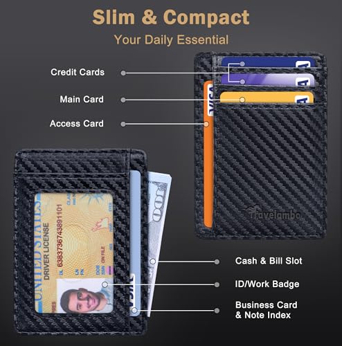 Image of Travelambo Slim Wallet Front Pocket Minimalist Leather RFID Blocking Medium Size (Carbon Fiber Black)