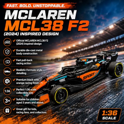 Image of McLaren MCL38 F1 2024 Die Cast Model Car 1:36 Scale Pull Back Racing Toy Car for Kids, Formula Race Cars, Collectible Car Gift for Kids Age 3+ (McLaren MCL38 F1 2024 - Black with Orange)