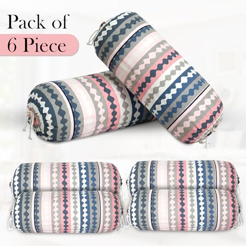 Image of GLUN Pack of 6 Zig Zag Multicolour Round Striped Bolster Pillow Covers, Size 16 inch x 30 inch (40 x 75 cm, Cream) Printed Polyester Silk Fabric for Living Room or Bedroom, Stylish & Modern Covers
